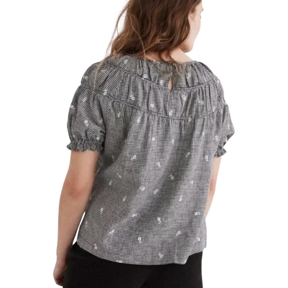 Madewell Embroidered Gingham Shirred Puff-Sleeve Top M - Picture 3 of 12